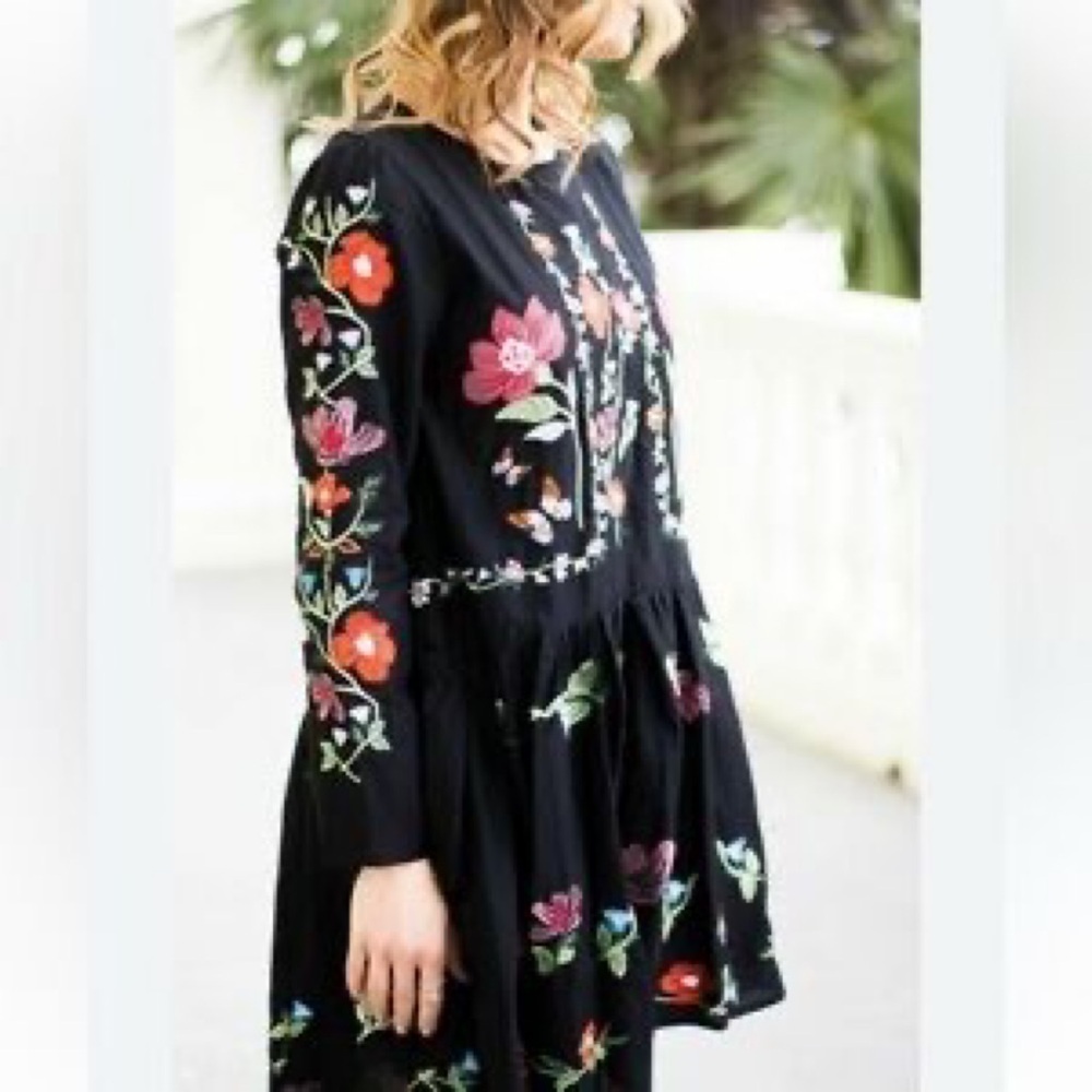 Zara Black Swing Dress with Orange and Green Embroidery XS - Picture 3 of 11